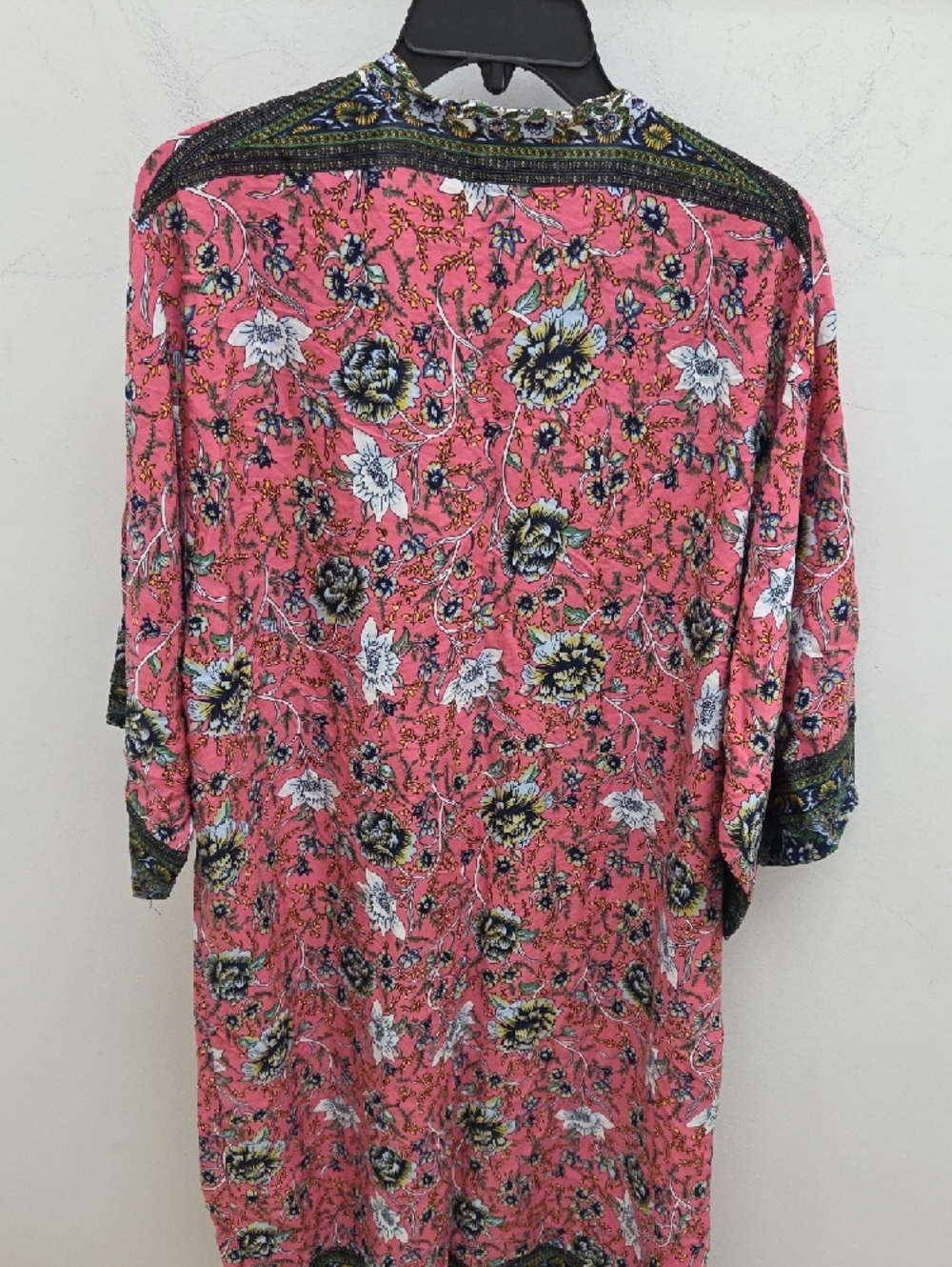 Anthropologie Coral-Pink Floral Kimono Robe with Navy Border - Picture 5 of 5